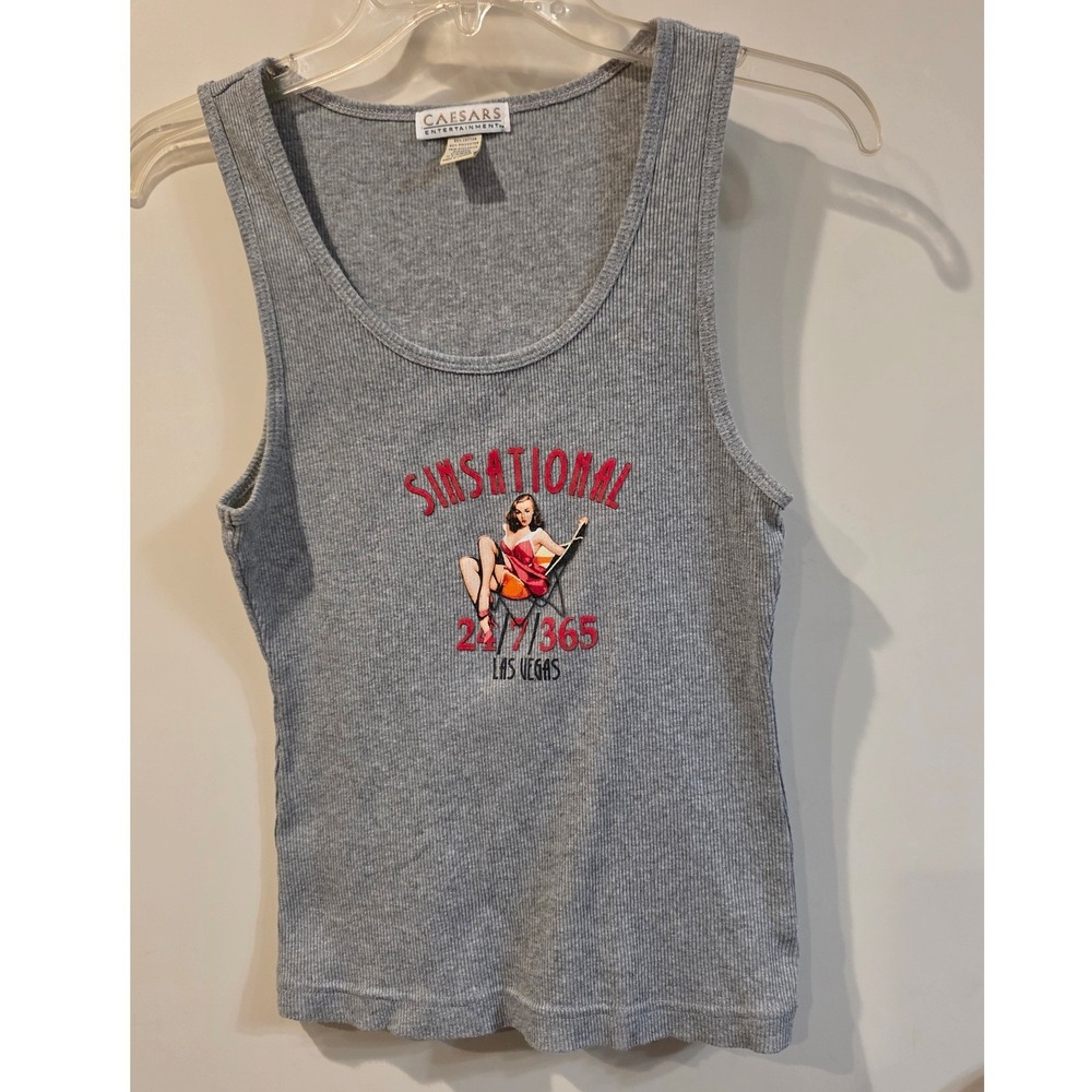 Y2K Caesars Entertainment Las Vegas Sinsational Pin Up Ribbed Tank Top Grey XL